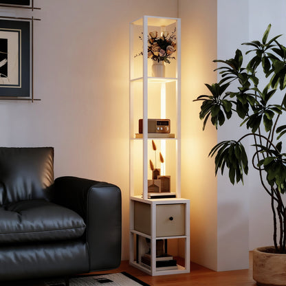 Floor Lamp with Shelves, LED Column Modern Standing Lamp with Fabric Drawer, Adjustable Brightness, Foot Switch for Living Room, Bedroom, Office, White