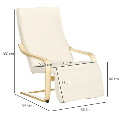 Wooden Armchair, Upholstered Linen Lounge Chair with Adjustable Footrest & Removable Cushion, Poang Chair for Living Room, Cream White