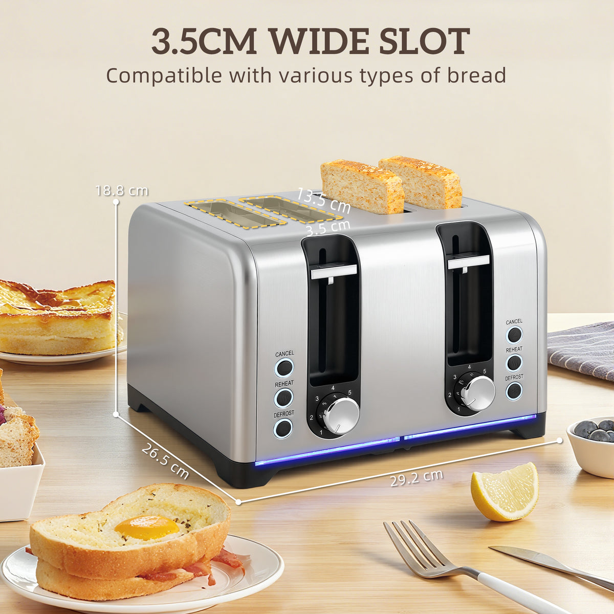 Kettle and Toaster Set, 1.7L 3000W Rapid Boil Jug Kettle with Otter Thermostat, Limescale Filter, 4 Slice Toaster with 7 Browning Controls, Crumb Tray, LED Strip, Silver Tone