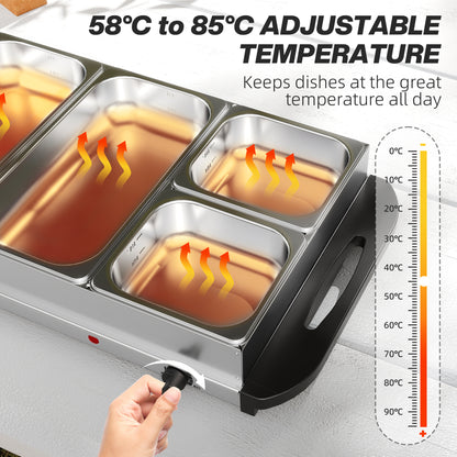 5 Tray Electric Food Warmer Buffet Server with Warming Plate, Cool Touch Handles, Adjustable Temperature, 300W, 3 x 2.4L and 2 x 1L Pans
