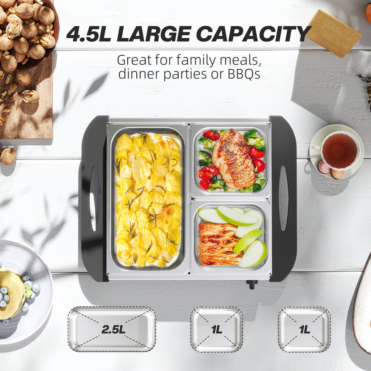 4.5L Stainless Steel Electric Buffet Server, with 3x Trays and Lids