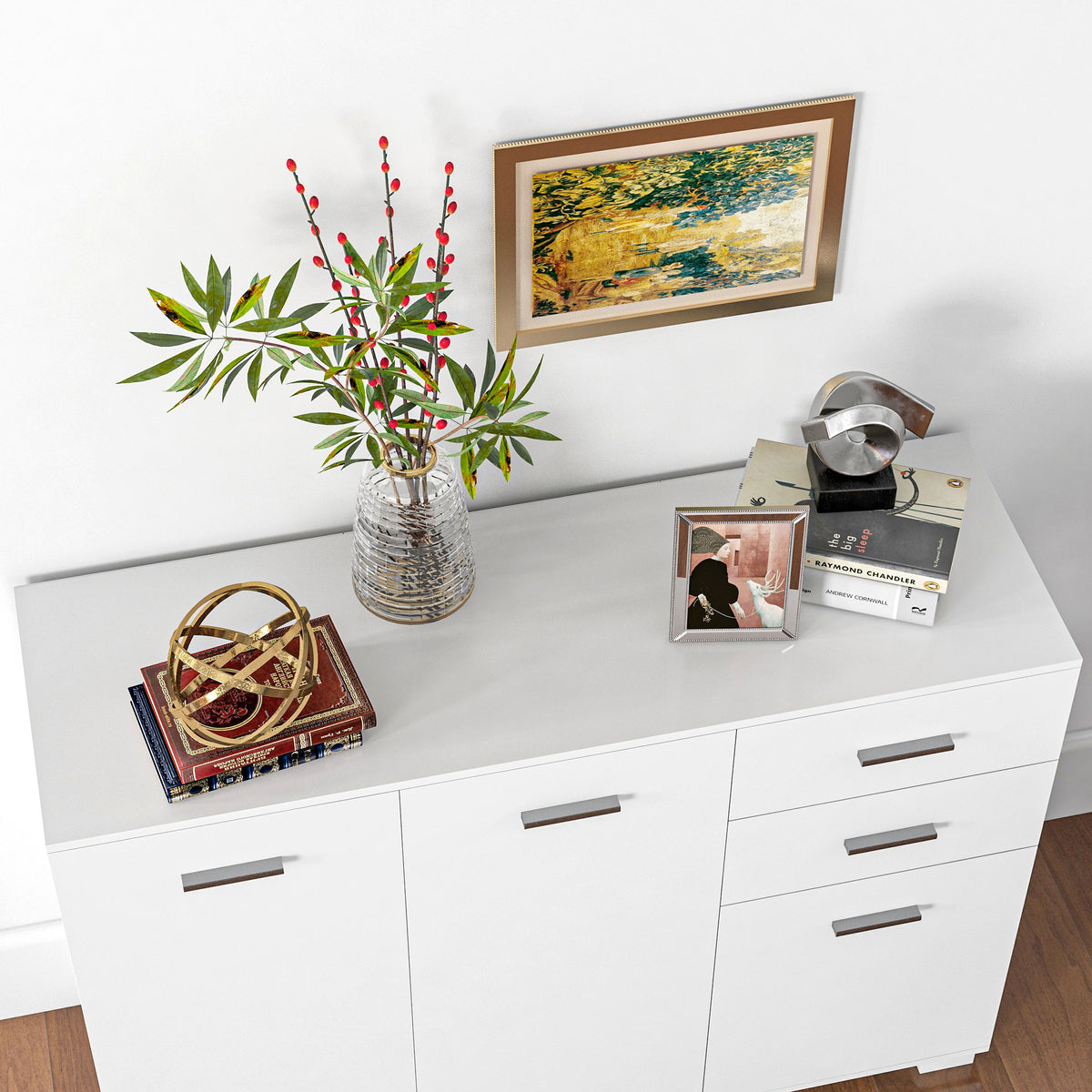 Sideboard, Modern Storage Cabinet with 2 Drawers, 3 Doors and Adjustable Shelves, Kitchen Cabinet, White