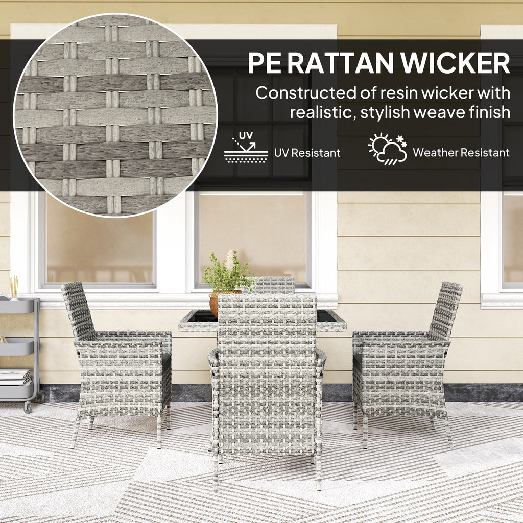 Outsunny Rattan Garden Furniture Set, Outdoor Dining Table and Chairs 4 Seater with Cushions, Square Tempered Glass Top, 4 Armchairs, for Balcony, Terrace, Conservatory, Mixed-Grey