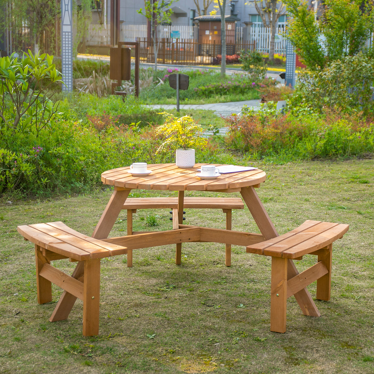 Outsunny Wooden Garden Dining Set, 6 Seater Round Dining Picnic Table with Matching Bench, Garden Furniture Set with Parasol Hole for Outdoor Patio Party and Family Gatherings, Brownish Red