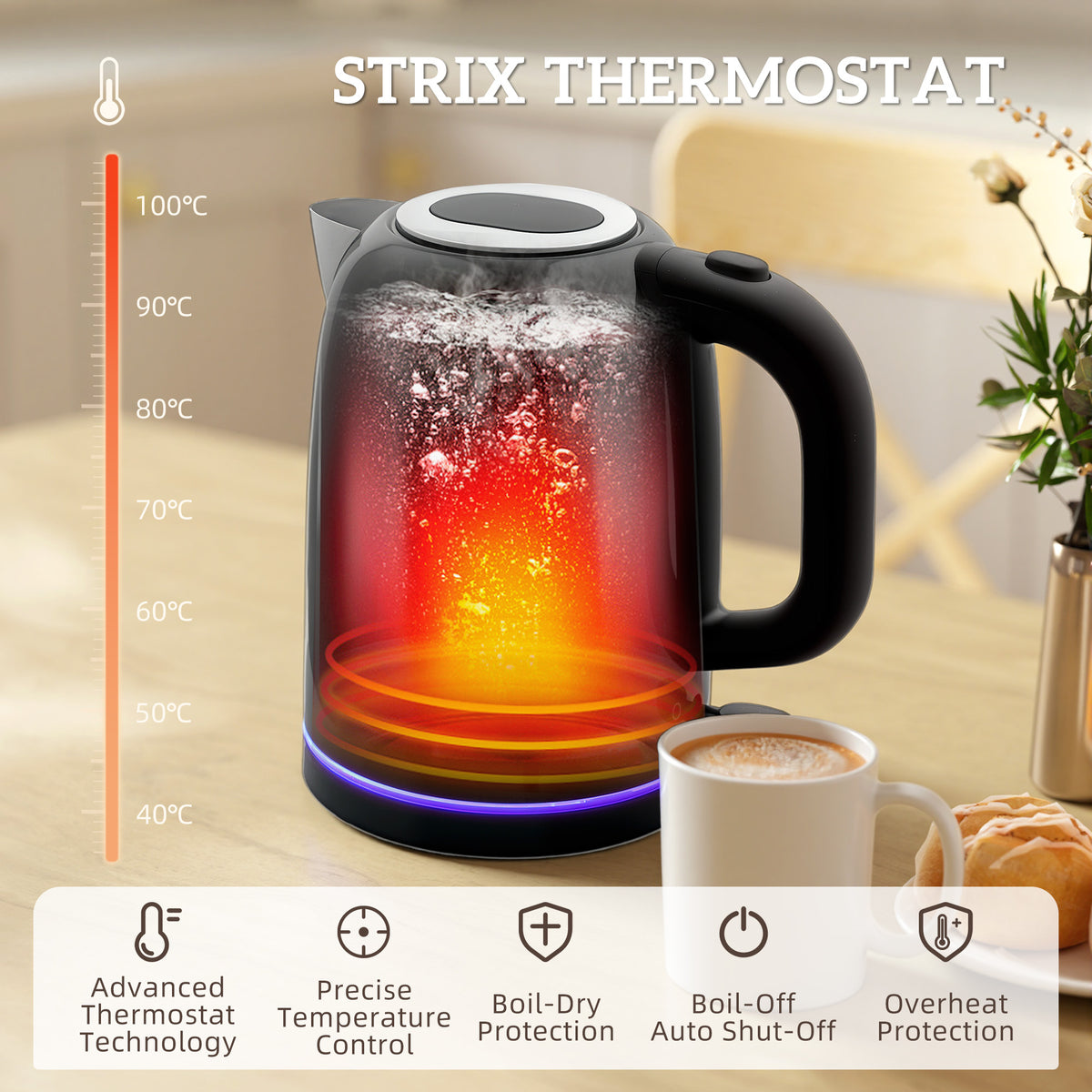 Kettle and Toaster Set, 1.7L 3000W Rapid Boil Jug Kettle with Otter Thermostat, Limescale Filter, 4 Slice Toaster with 7 Browning Controls, Crumb Tray, LED Strip, Black