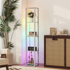 RGB LED Floor Lamp with Shelves, Modern Dimmable Standing Lamp with Remote Control, Adjustable Brightness & Speed for Living Room, Bedroom, Office, Grey