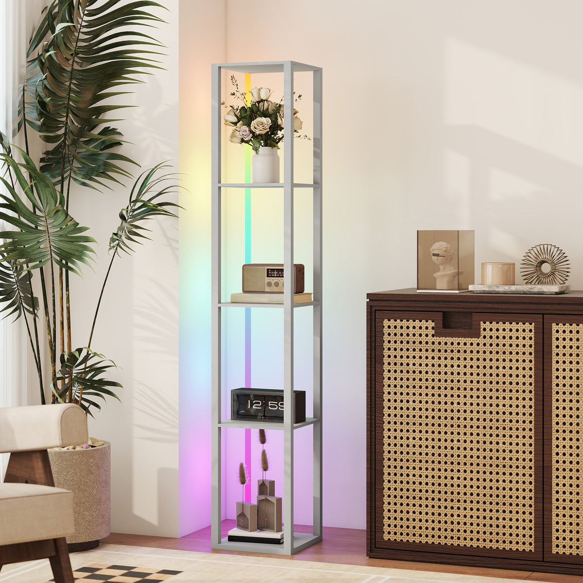 RGB LED Floor Lamp with Shelves, Modern Dimmable Standing Lamp with Remote Control, Adjustable Brightness & Speed for Living Room, Bedroom, Office, Grey