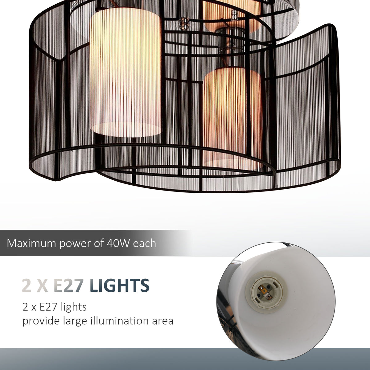Modern Chandelier, Semi-Flush Mount Ceiling Light with Glass Lampshade, 2 x E27 Bulb Base for Hallway, Dining Room, Living Room, White and Black
