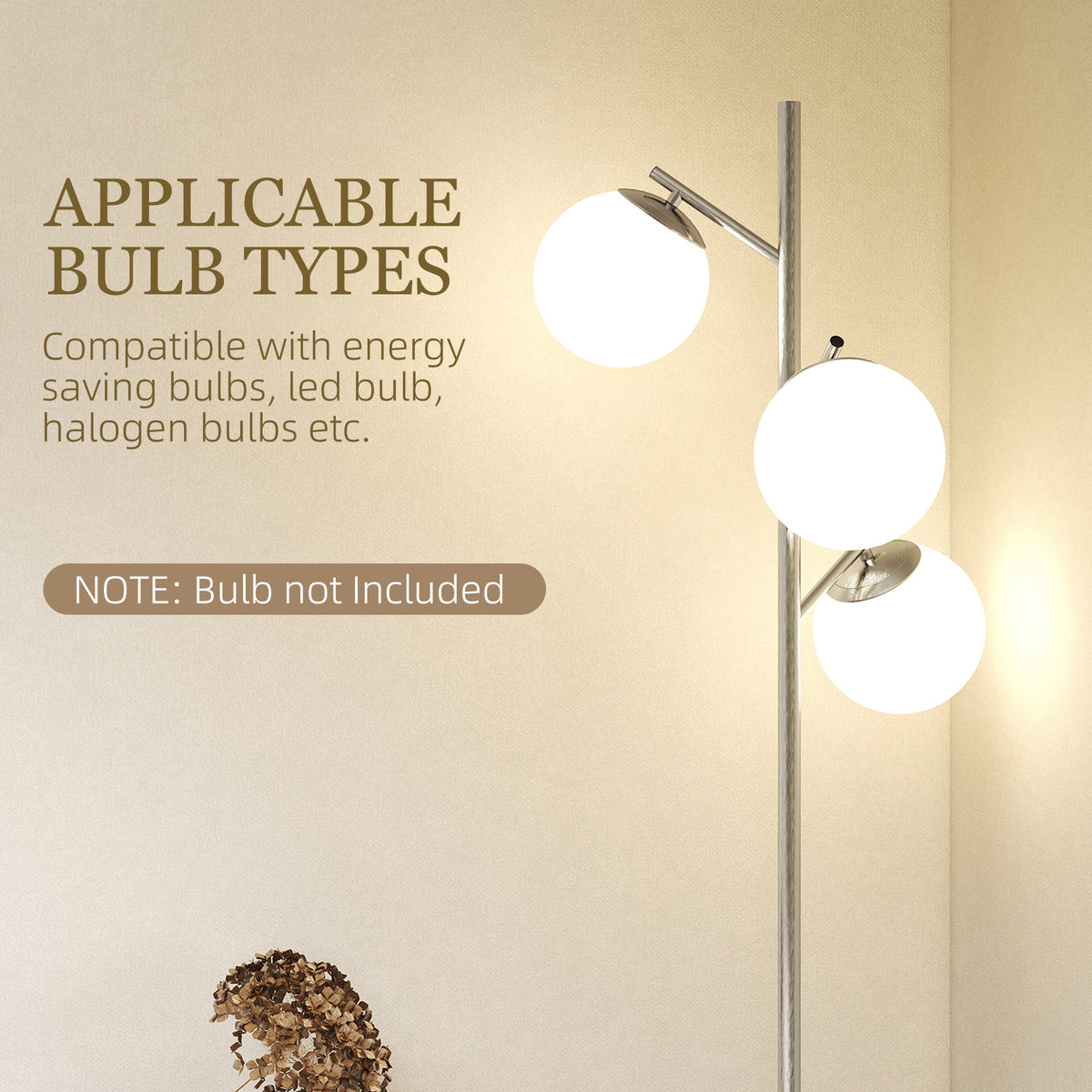 3-Light Tree Floor Lamps for Living Room, Modern Standing Lamp for Bedroom with Globe Lampshade, 3000K/4000K/6000K Colour Temperatures, Steel Base, Silver Tone