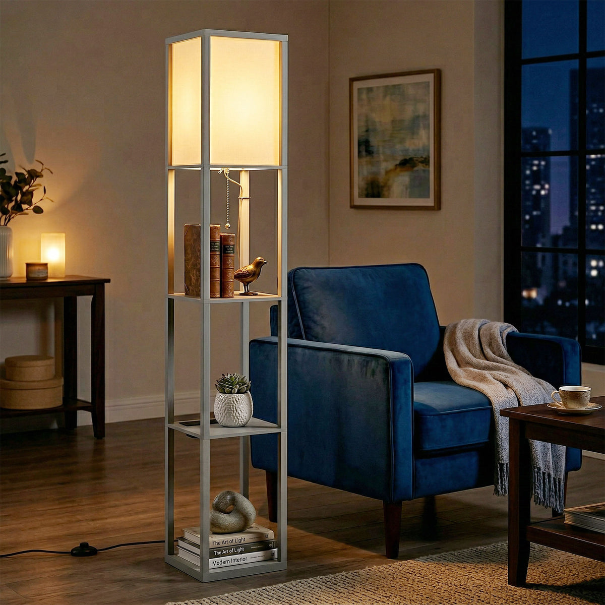 Floor Lamp with Shelves, 3 Layer Column Modern Standing Lamp for Living Room, Bedroom, Office, Grey