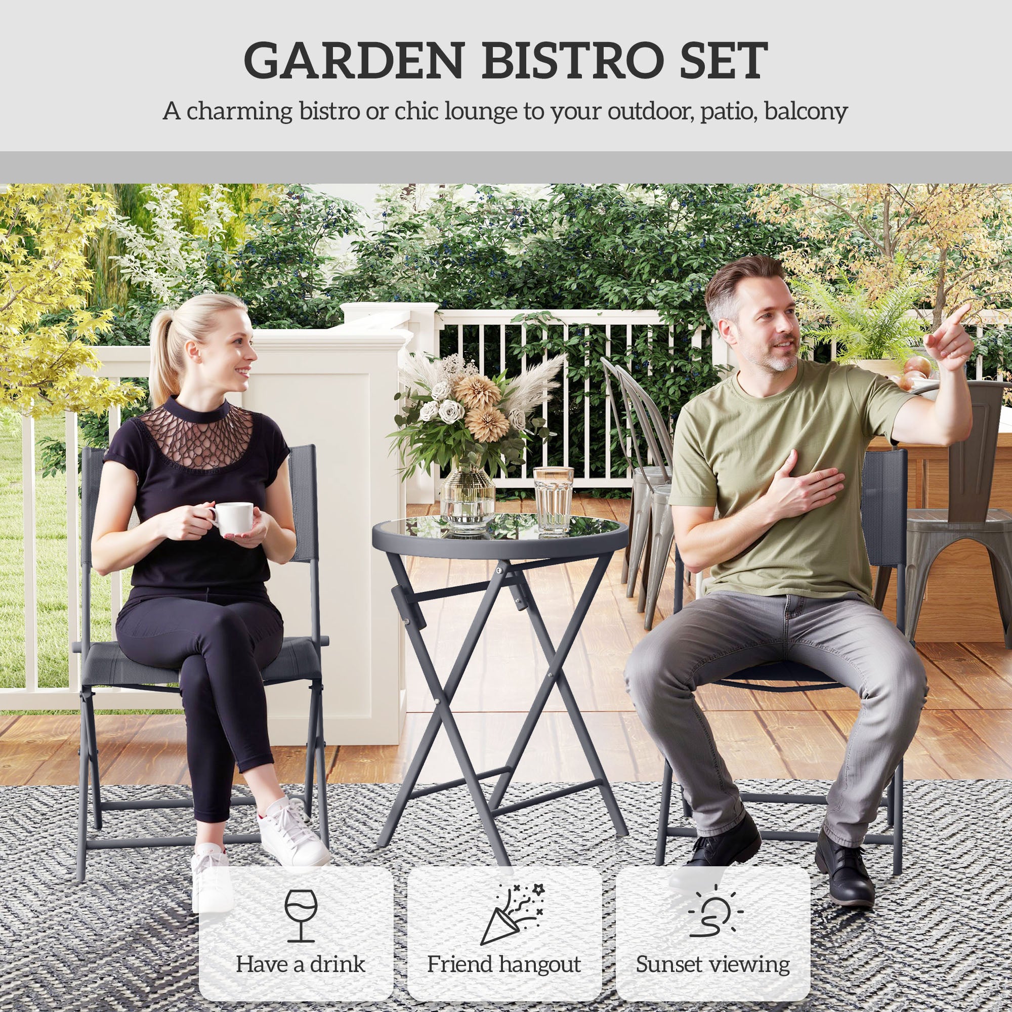 Outsunny 3 Pieces Outdoor Bistro Set, Glass Top Outdoor Table and 2 Folding Chairs with Protecting Feet, Black