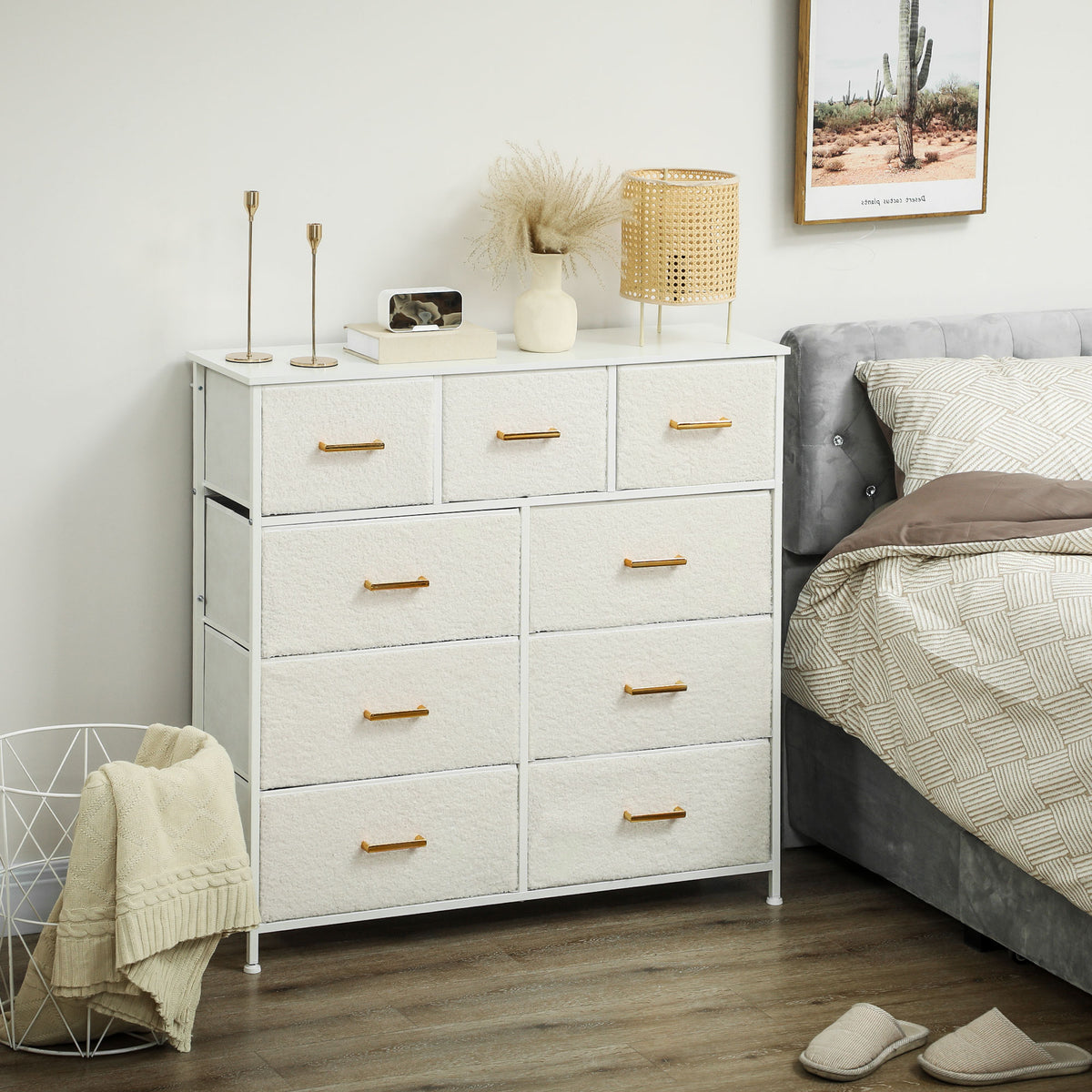 Chest of Drawers with 9 Fabric Drawers, Boucle Storage Organiser with Steel Frame, Fabric Dresser for Bedroom, Living Room, Hallway, Cream White
