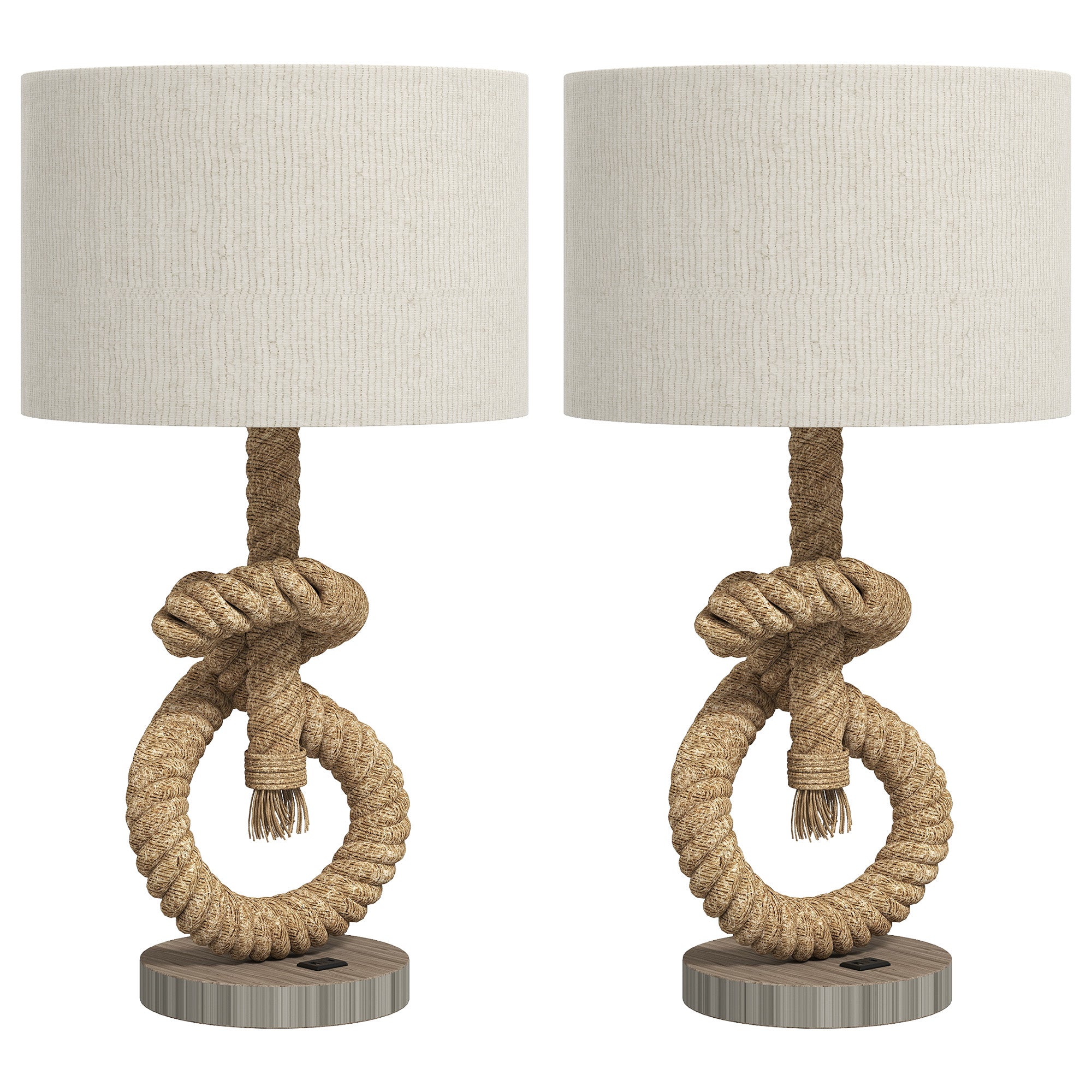 Nautical Table Lamps Set of 2 with USB Charging Port, Bedside Lamps for Bedroom Living Room, Warm White LED Bulb Included, with Hemp Rope, Natural