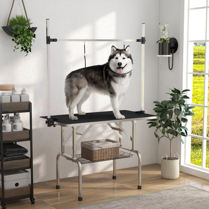 PawHut 42" Dog Grooming Table, Adjustable Pet Cat Drying Beauty Table with 2 Loops Storage Basket, Rubber Top, Black
