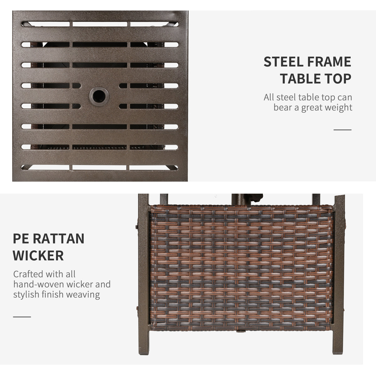 Outsunny Rattan Garden Coffee Table, 55.5 cm Square Wicker Patio Side Coffee Table with 4 cm Umbrella Hole, Metal Bottom and Slatted Top for Outdoor, Balcony, Brown
