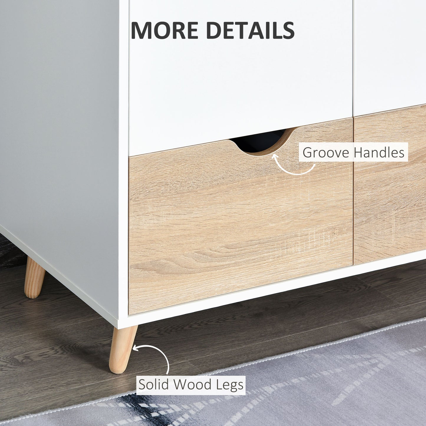 2-Door Clothes Wardrobe w/ Rail Shelf 2 Drawers Wood Feet Elegant Home Storage Organisation Furniture, White