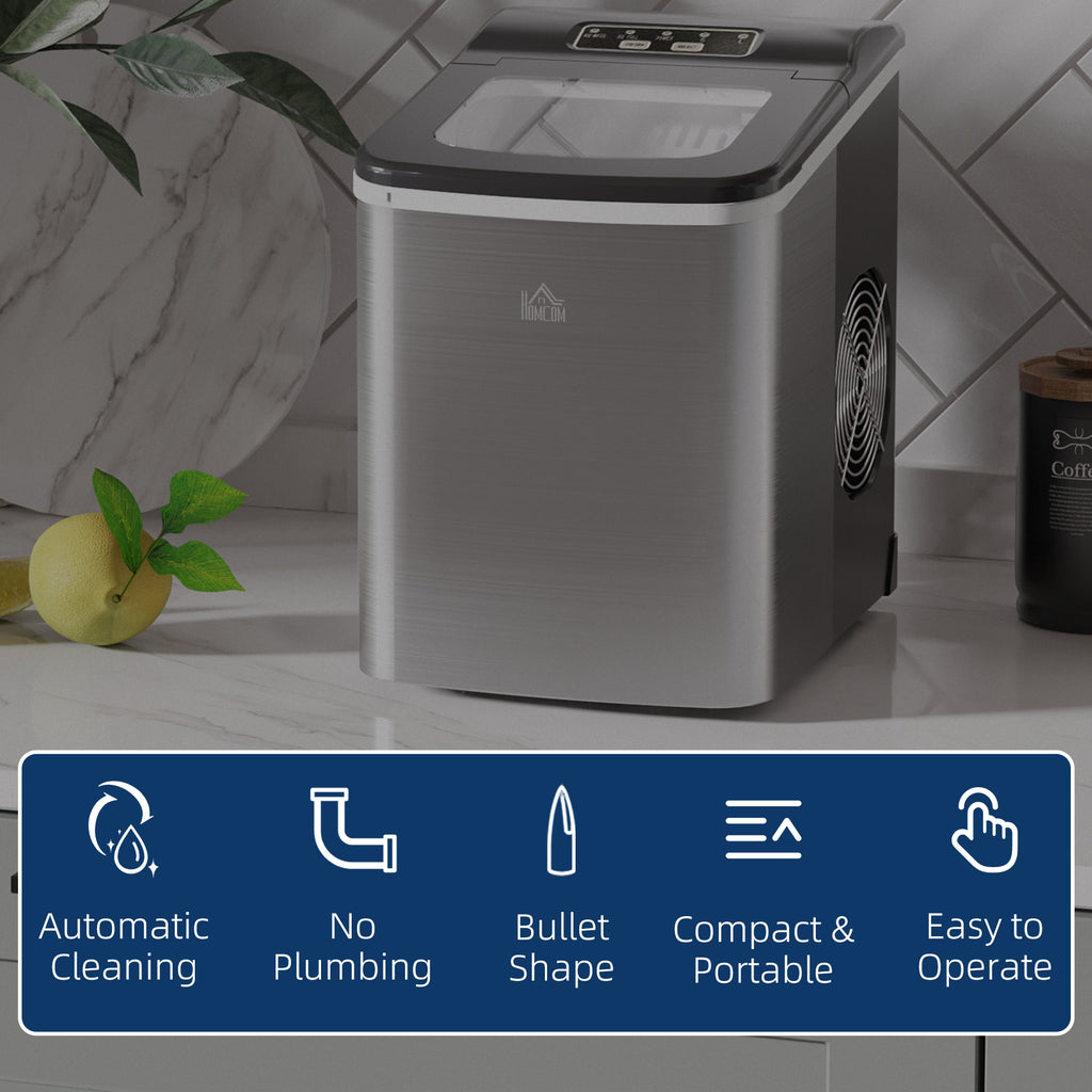 Ice Maker Machine Countertop, 9 Ice Cubes in 8 Mins, 12KG in 24Hrs, Self-Cleaning Portable Ice Cube Maker w/ Adjustable Ice Size, Ice Scoop, Basket, Stainless Steel, No Plumbing Required, Black