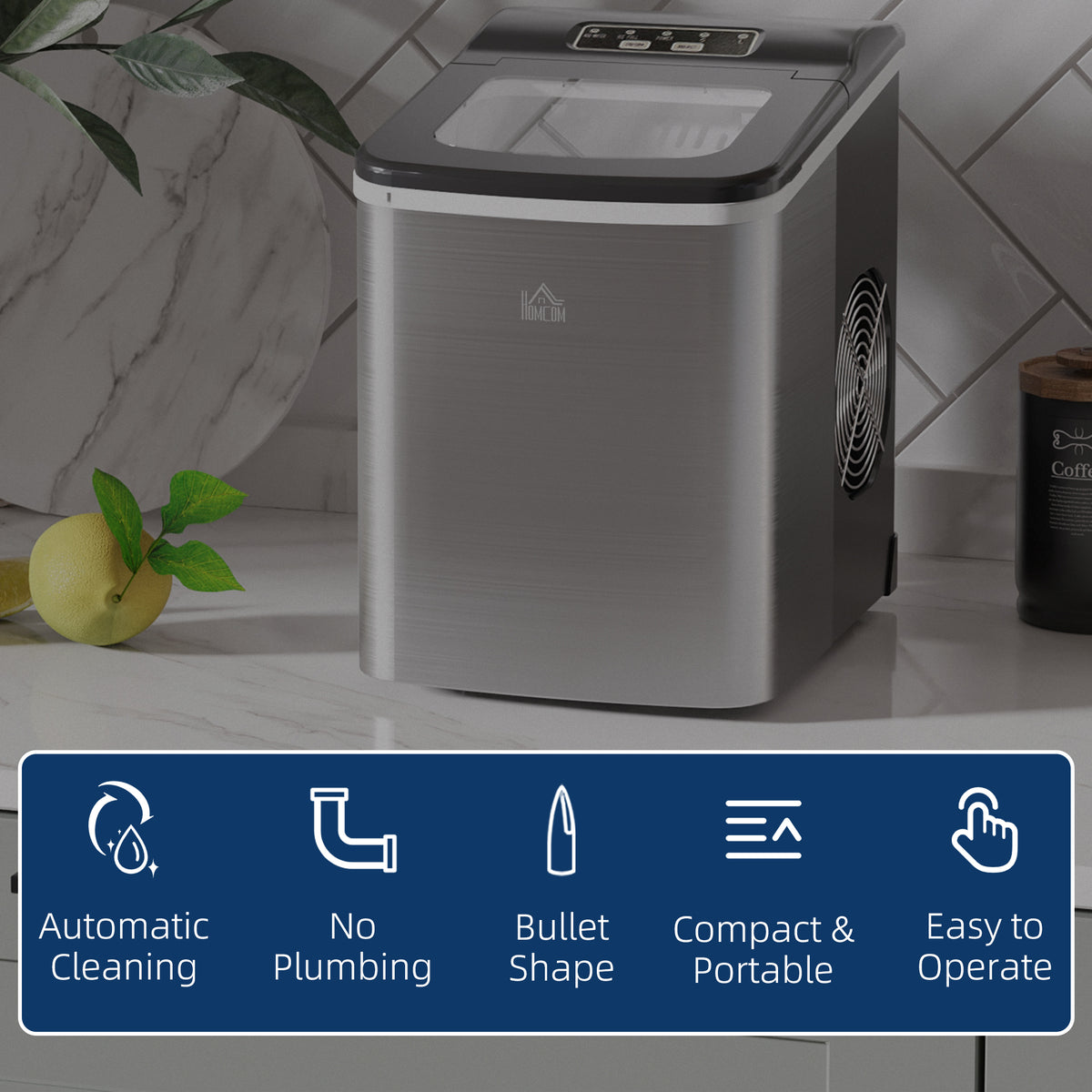 Ice Maker Machine Countertop, 9 Ice Cubes in 8 Mins, 12KG in 24Hrs, Self-Cleaning Portable Ice Cube Maker w/ Adjustable Ice Size, Ice Scoop, Basket, Stainless Steel, No Plumbing Required, Black