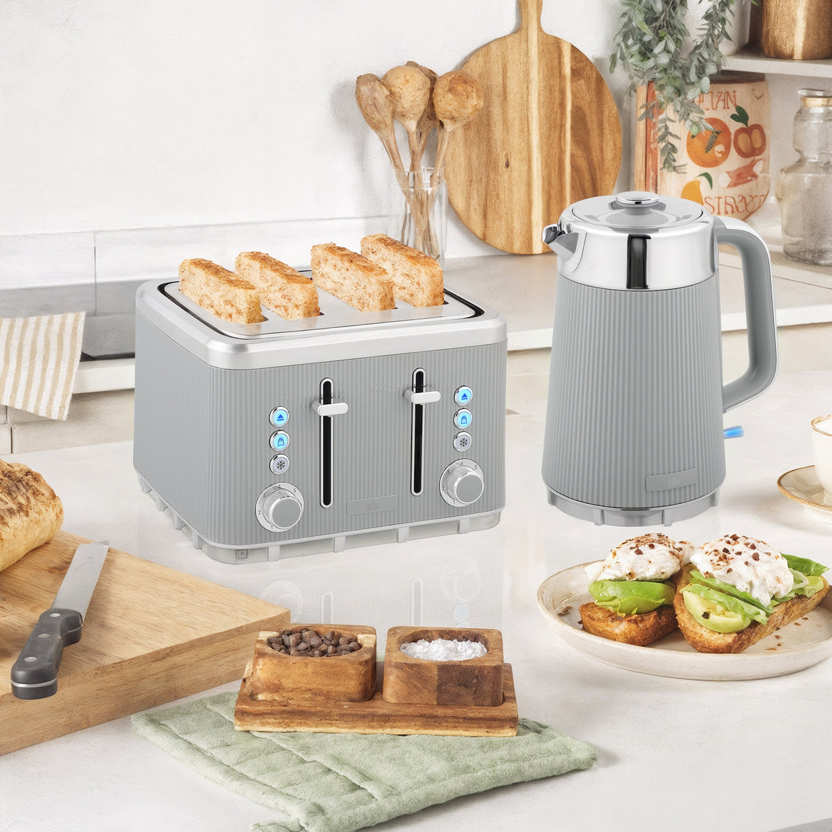 Electric Stainless Steel Kettle and Toaster Set, 3000W 1.7L UK Strix Thermostat Fast Boil Kettle w/ Limescale Filter, Cool Touch Body, 4 Slice Toaster with 7 Browning Levels, Taupe