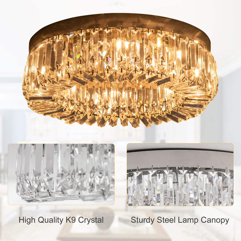 Crystal Ceiling Lights Set of 2, Modern Flush Chandeliers with Stainless Steel Base, Pendant Lights for Living Room Bedroom Dining Room, Silver Tone