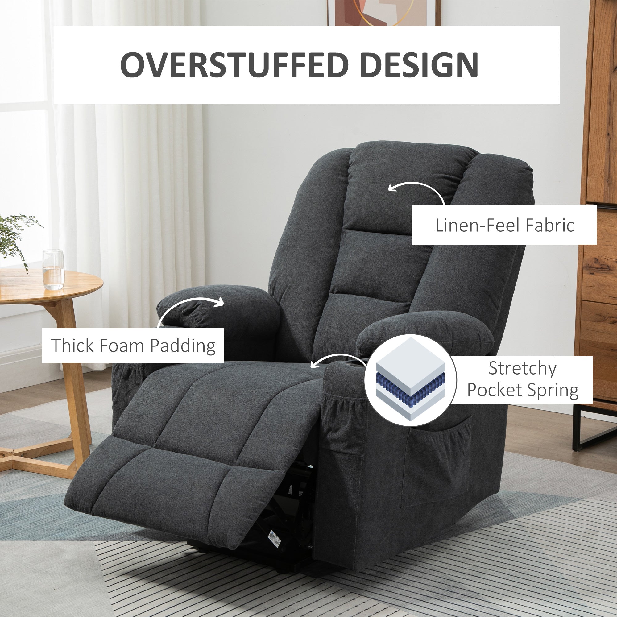 HOMCOM Electric Riser Recliner Armchair? Oversized Chair with Cup Holder & Side Pockets for Elderly in Living Room, Charcoal Grey