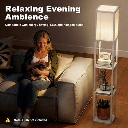 3-Tier Floor Lamp with Shelves and Storage, Modern Corner Standing Lamp with Lampshade, Reading Light with Foot Switch for Living Room, Bedroom, Home Office, Bulb not Included, White