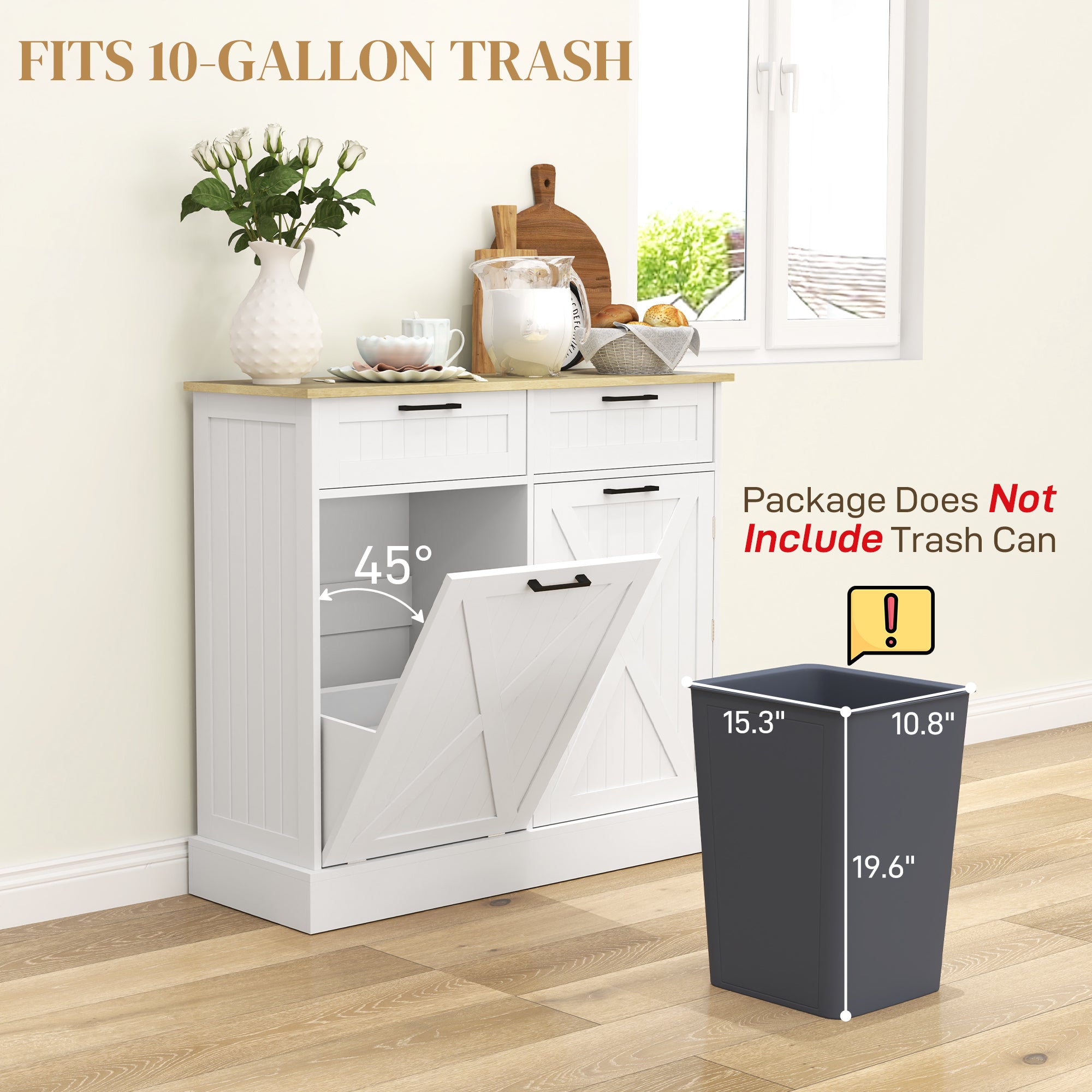 HOMCOM Sideboard with Tilt-out Trash Bin, Farmhouse Kitchen Sideboard with 2 Drawers, Adjustable Shelves, Door Racks, White