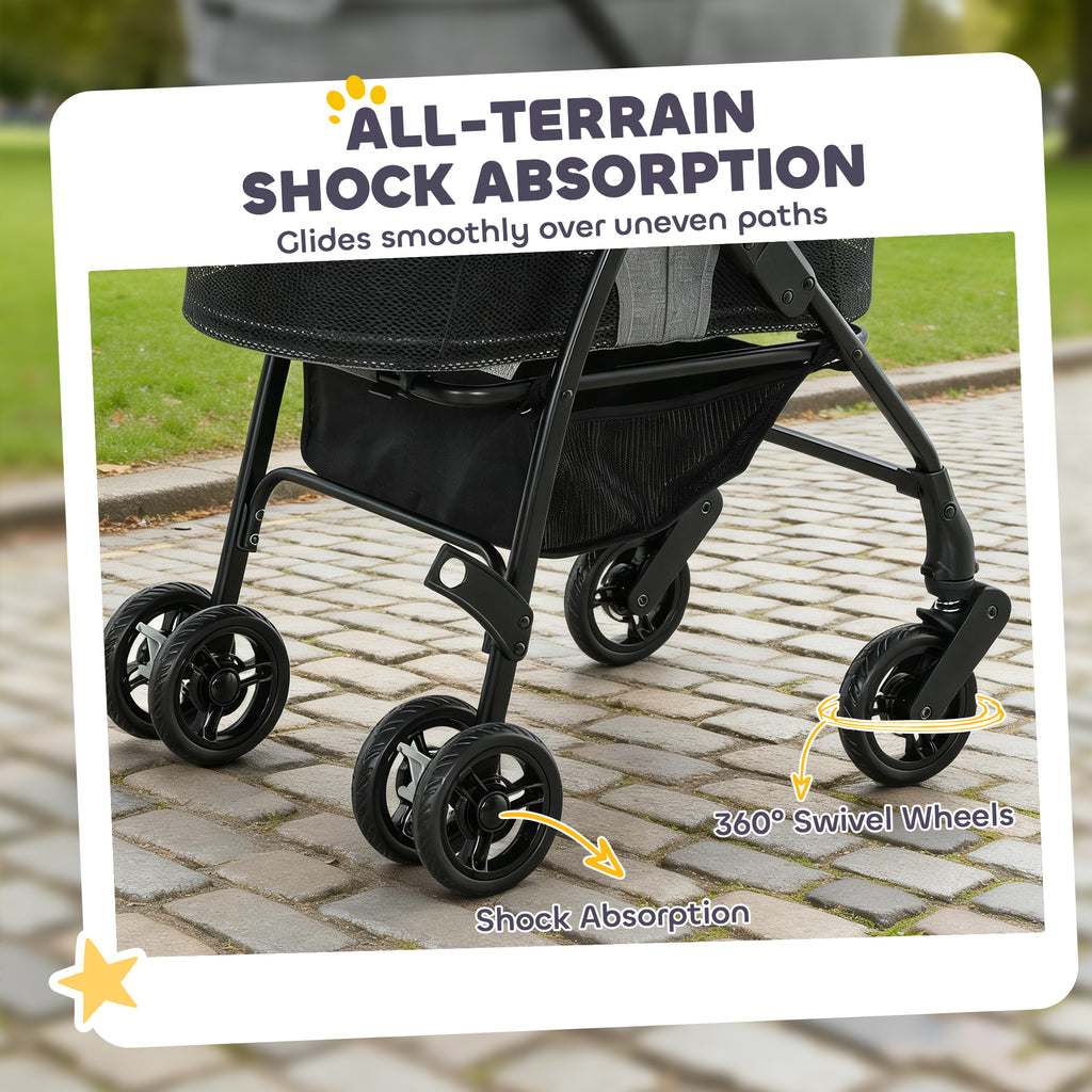 PawHut Pet Stroller, Foldable Dog Cat Stroller with Detachable Carrier, Wheels, Storage Basket, Secure Leash