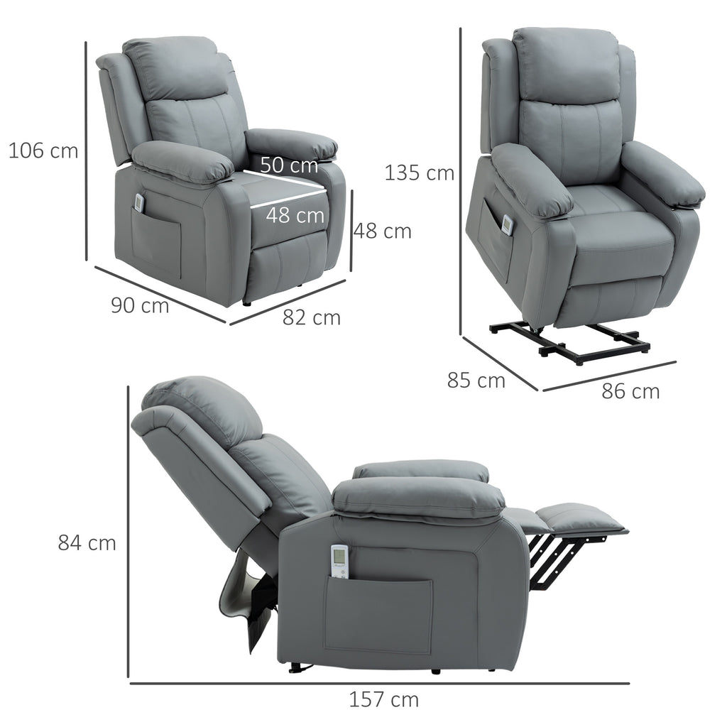 HOMCOM Riser and Recliner Chair with Vibration Massage, PU Leather Power Lift Chair for Elderly, Grey