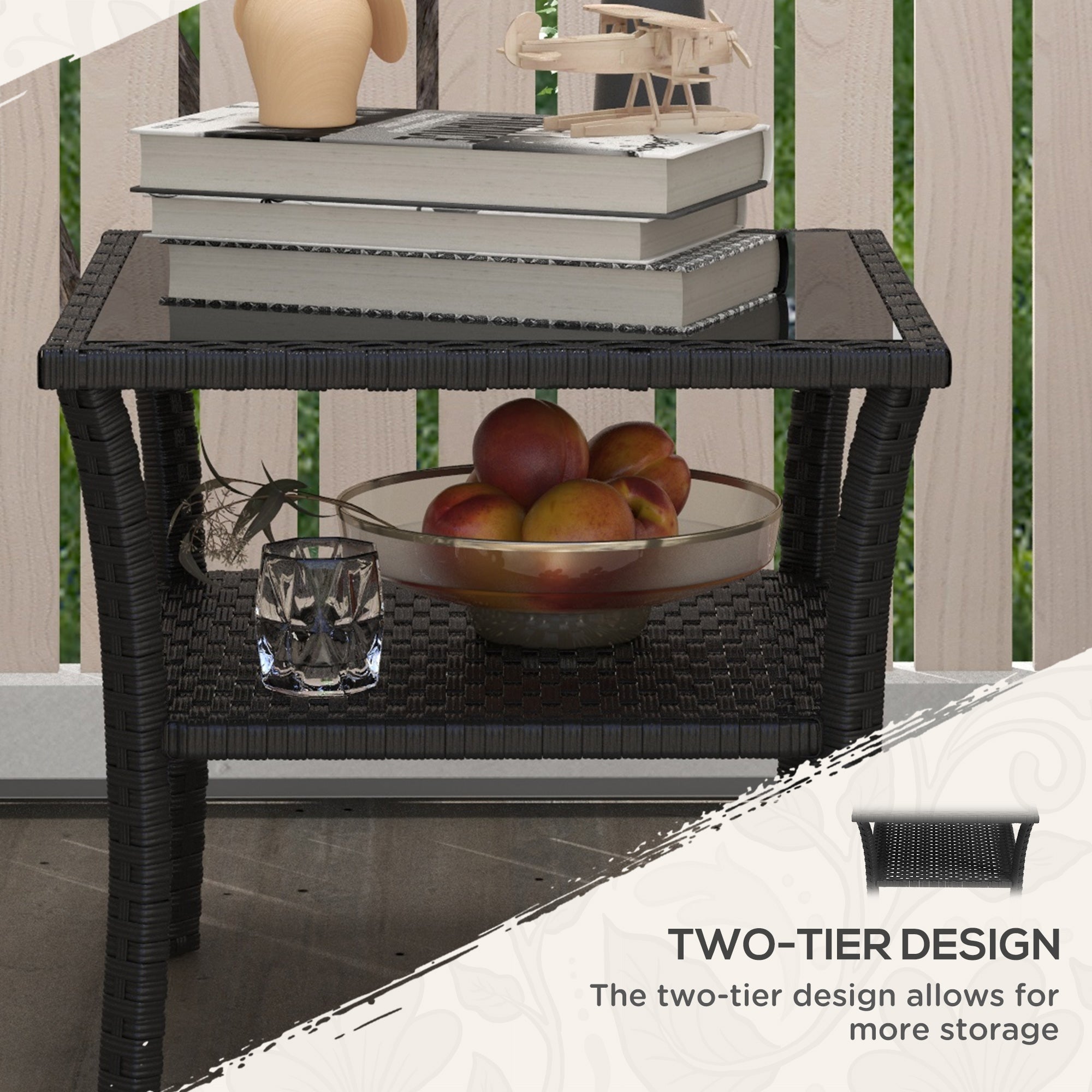 Outsunny Two-tier PE Rattan Square Coffee Table - Black
