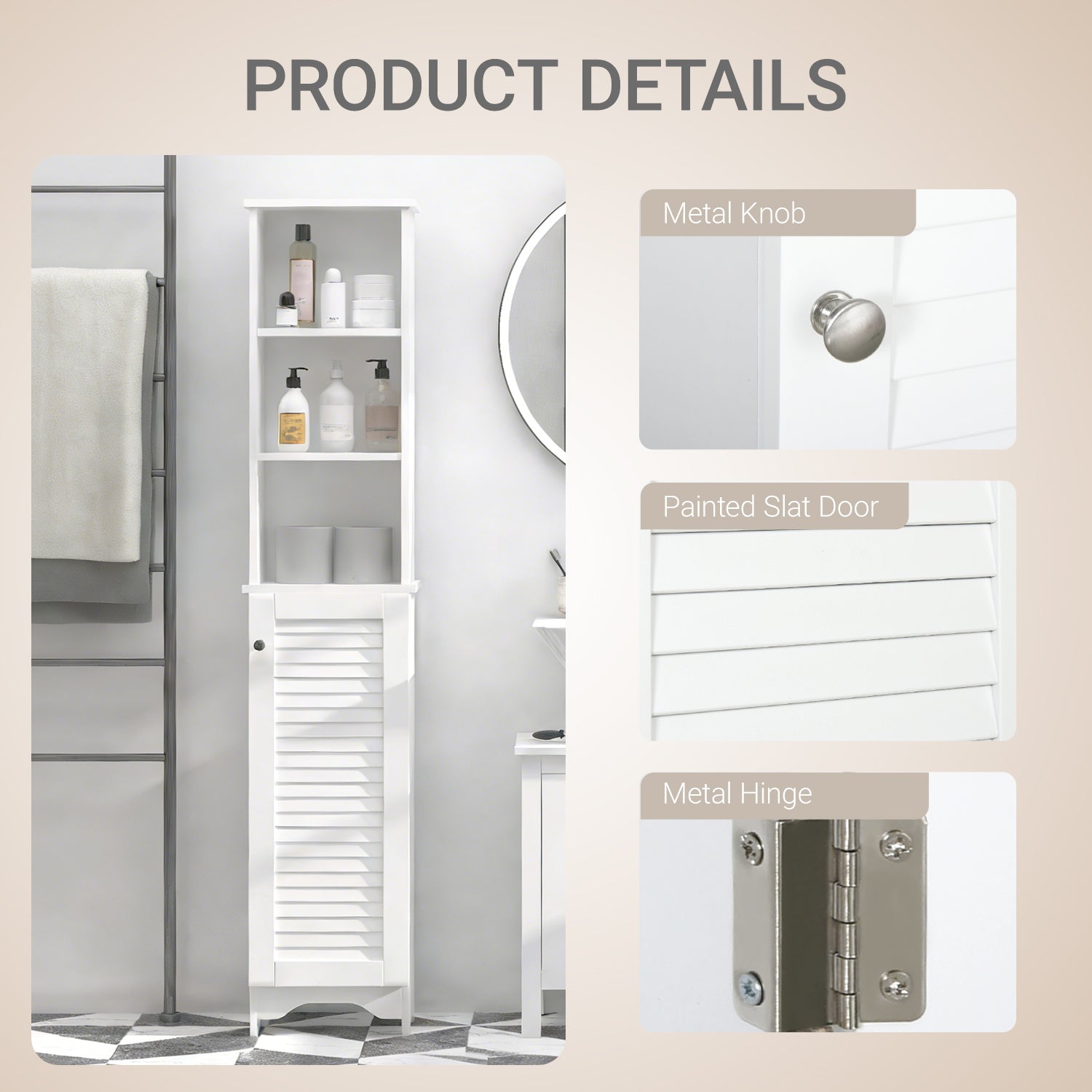 HOMCOM Tall Bathroom Cabinet, Freestanding Slim Bathroom Storage Unit with Adjustable Shelves and Shutter Door, Floor Storage Cupboard with 6 Shelves, 165H x 34W x 20D cm, White