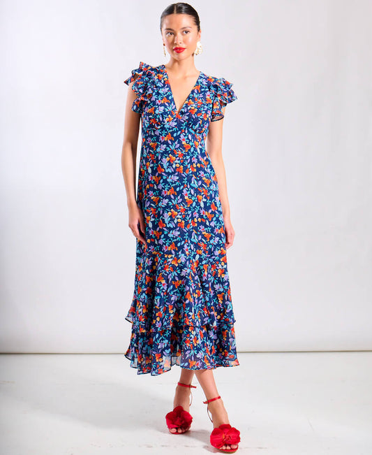 Blue Floral Ruffle Midi Dress