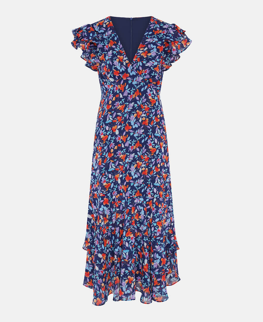 Blue Floral Ruffle Midi Dress