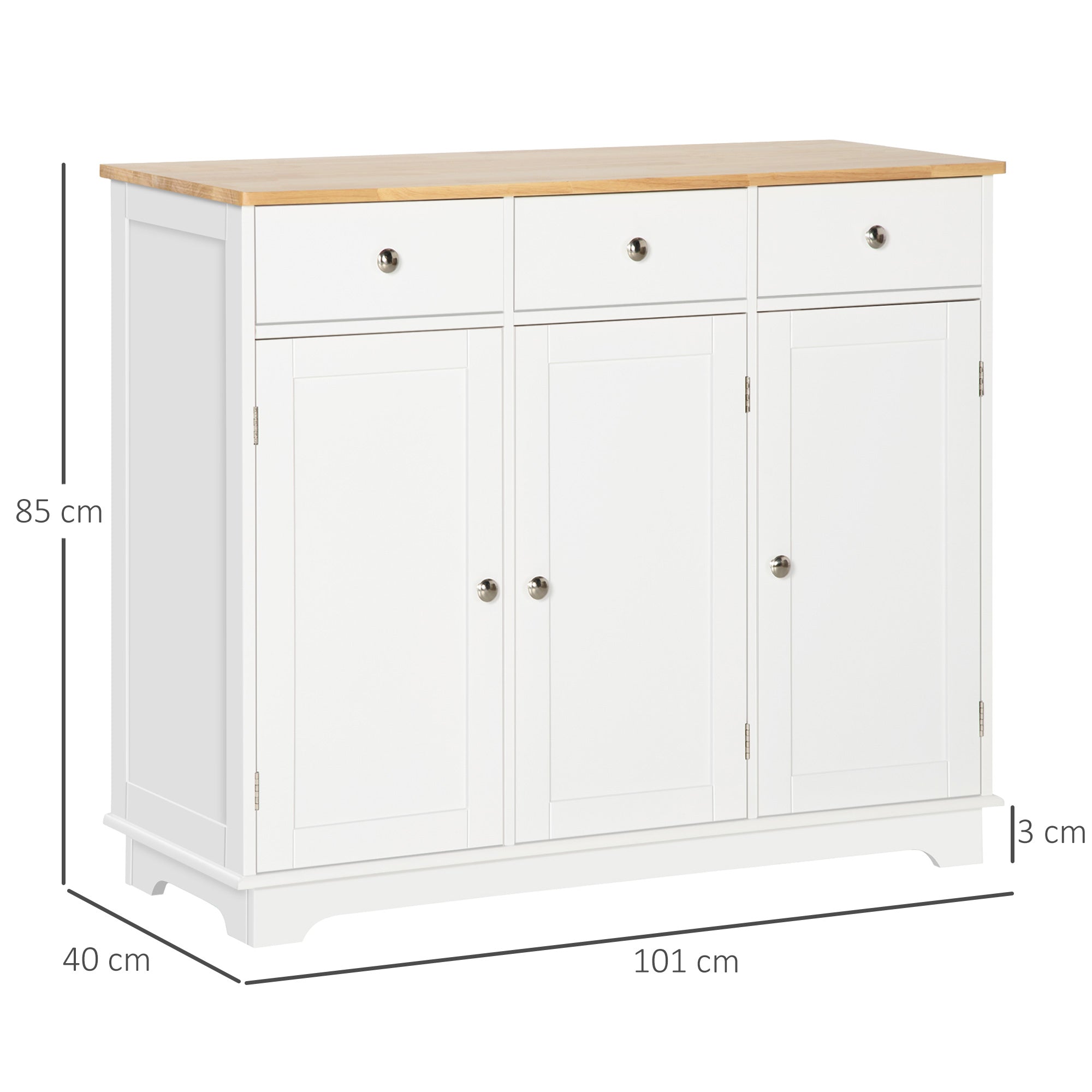 HOMCOM Sideboard with Rubber Wood Top, Modern Storage Cabinet with 3 Adjustable Shelves, White