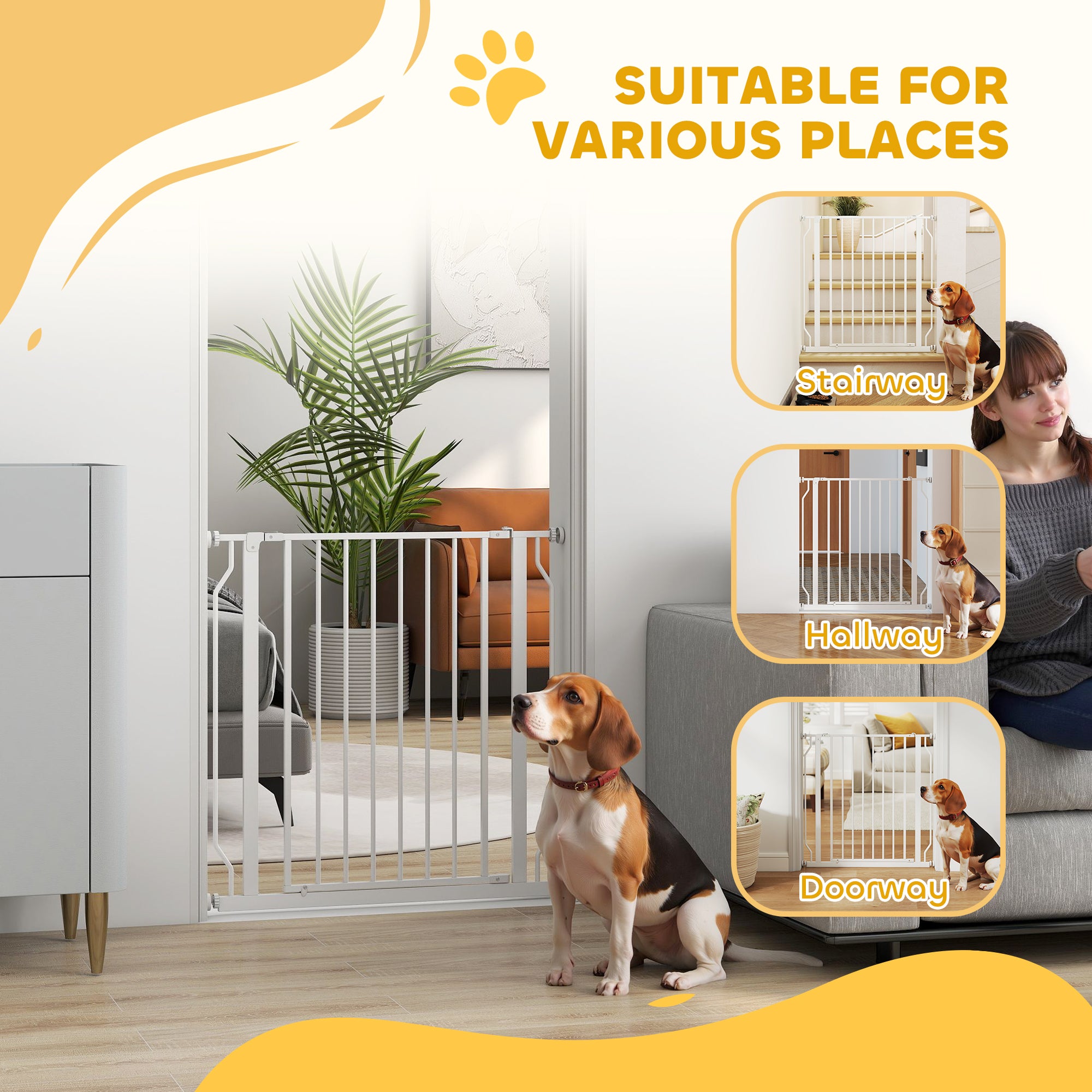 PawHut Extra Wide Dog Gate, with Door Pressure, for Doorways, Hallways, Staircases - White