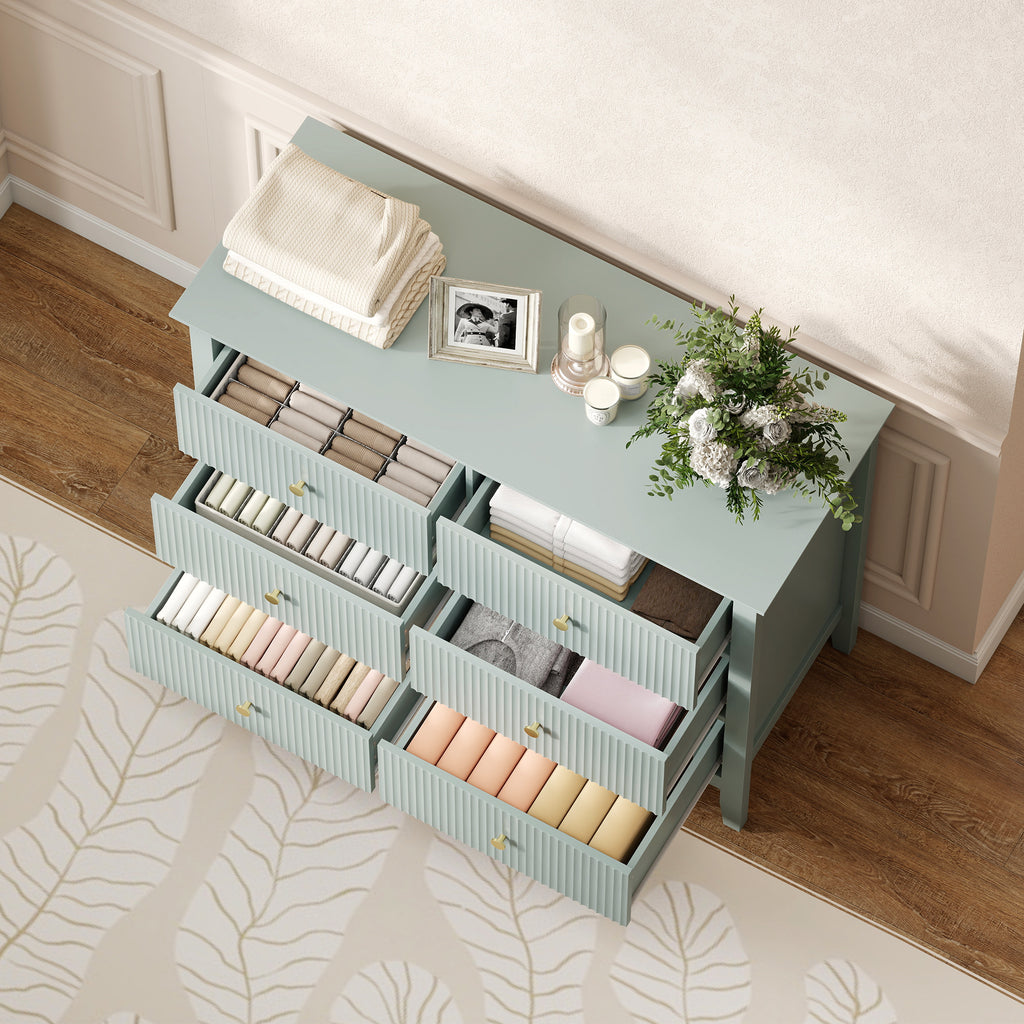 HOMCOM Fluted Dresser, 6 Drawer Chest of Drawers for Bedroom, Living Room, Hallway, Closet, Green
