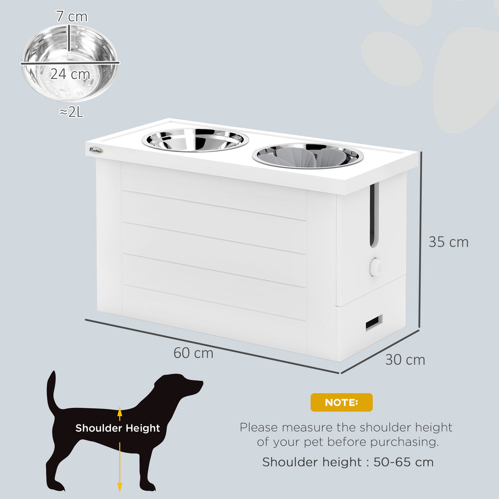 PawHut Raised Dog Bowls w/ Slow Feeder Mat, Storage Cabinet, Three Stainless Steel Bowls, Semi Auto Dispenser Function, White