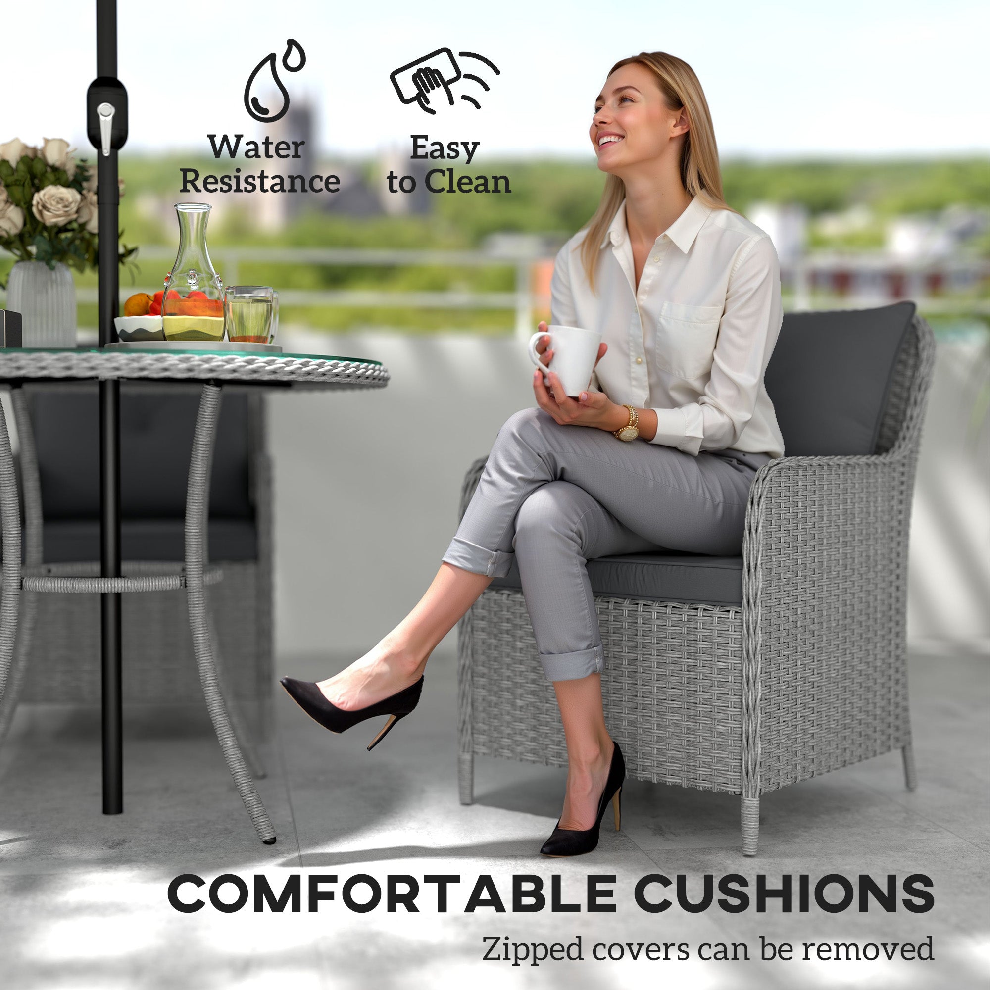 Outsunny 4 Seater Rattan Dining Set with Parasol & Cushions - Light Grey