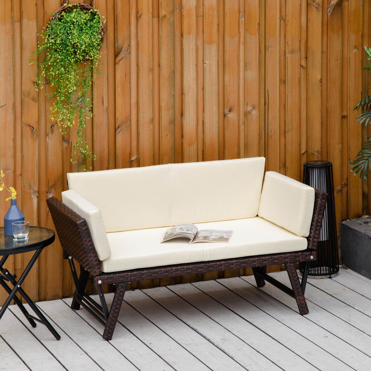 Outsunny 2-Seater 2-in-1 Rattan Convertible Sofa Daybed, Brown