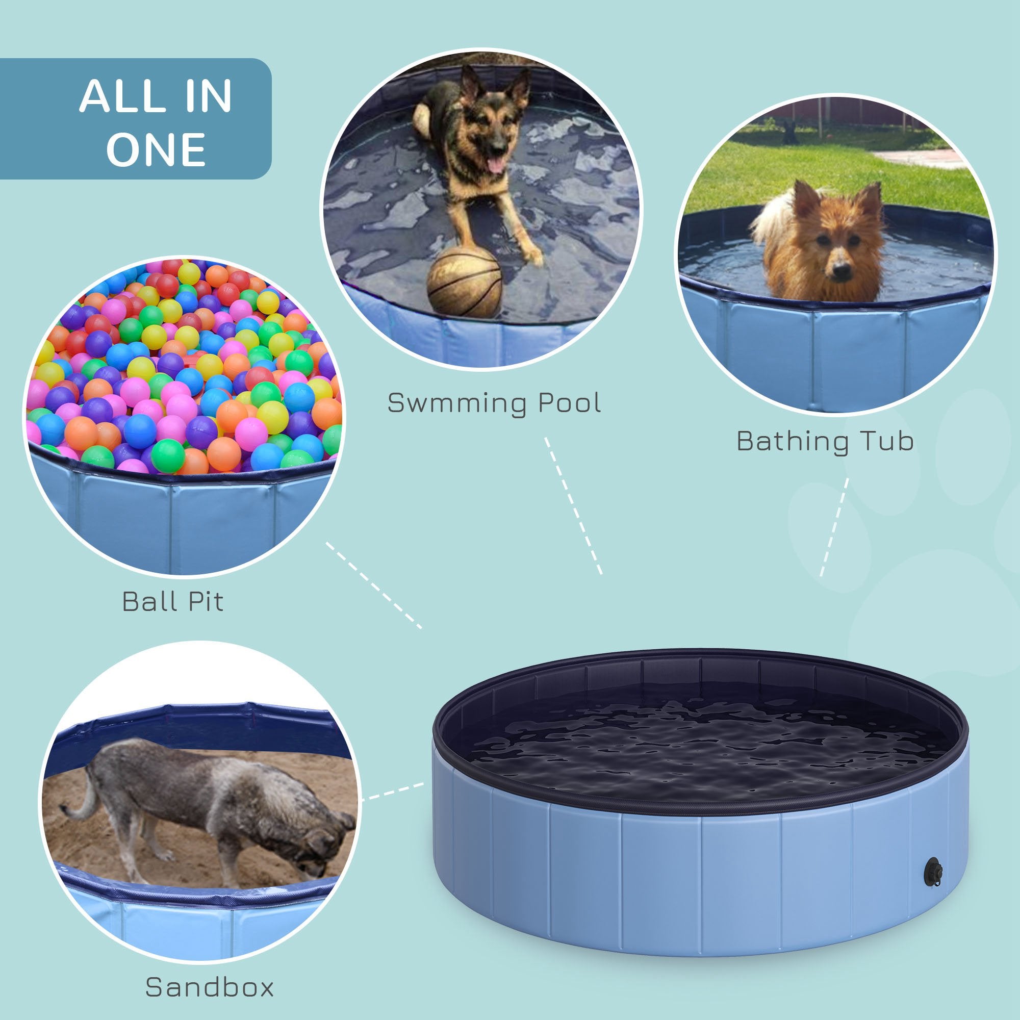 PawHut Foldable Dog Pool for Puppies and Ducks, Thickened PVC Dog Paddling Pool Bath Tub Hard Board, Anti-Slip Bottom and Drainage Hole, 120 x 30cm, Blue