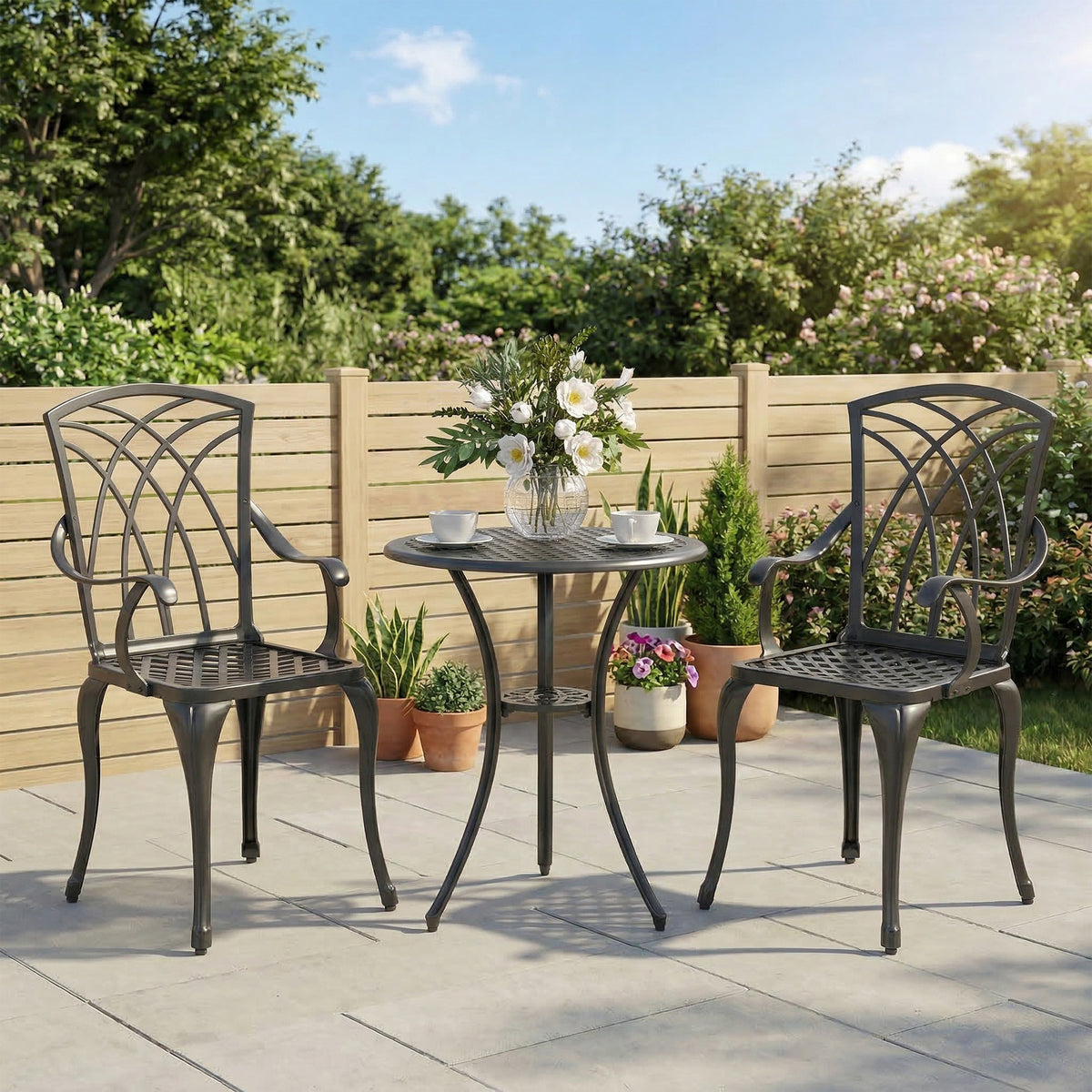 Outsunny 3 Pieces Garden Dining Set for 2, Cast Aluminium Outdoor Dining Set with 2 Armchairs and Round Dining Table with Parasol Hole, Garden Furniture Bistro Set, Brown
