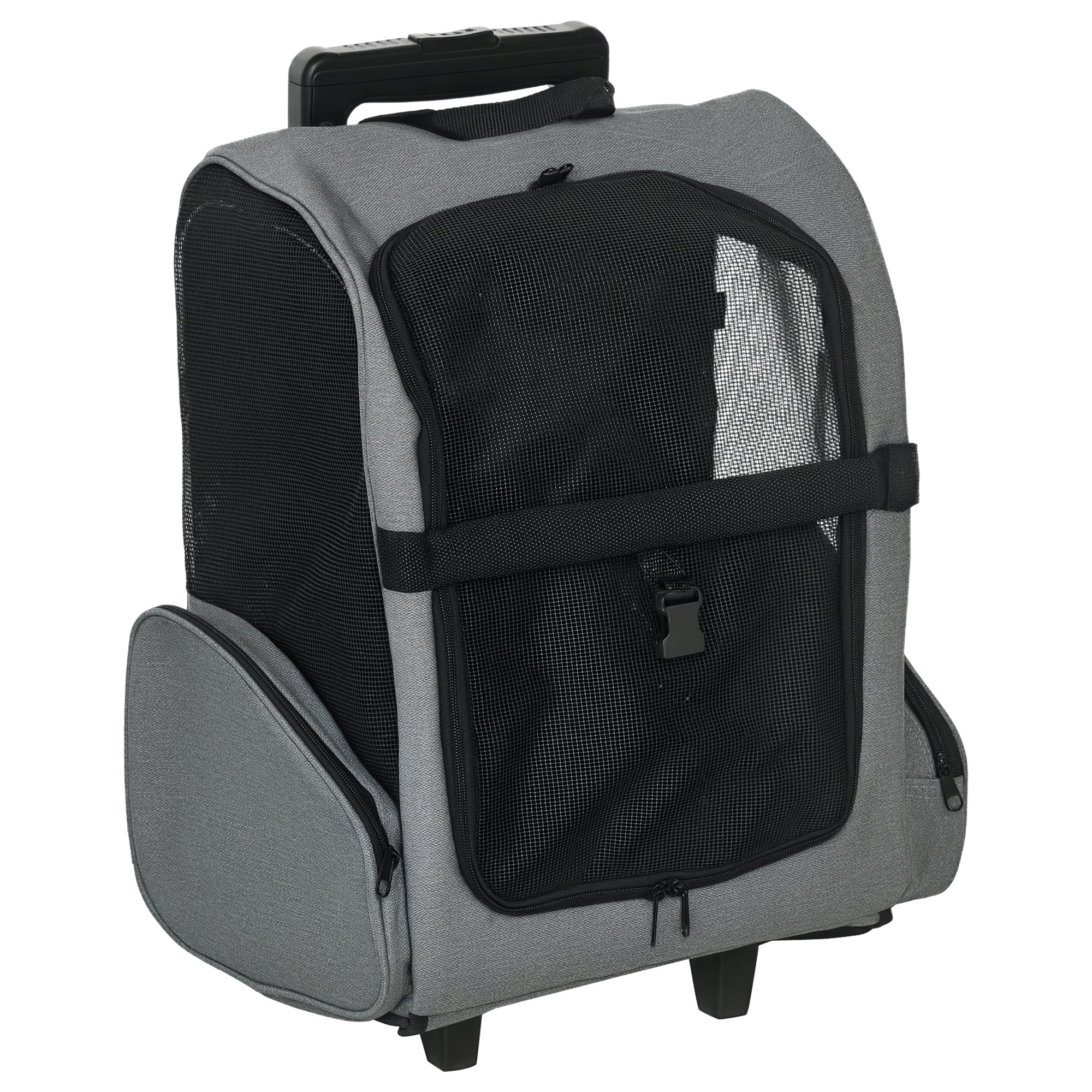 PawHut Pet Travel Backpack Bag Cat Puppy Dog Carrier w/ Trolley and Telescopic Handle Portable Stroller Wheel Luggage Bag (Grey)