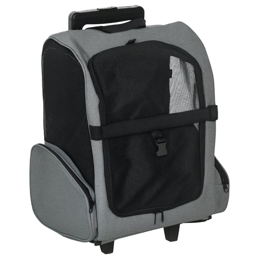 PawHut Pet Travel Backpack Bag Cat Puppy Dog Carrier w/ Trolley and Telescopic Handle Portable Stroller Wheel Luggage Bag (Grey)