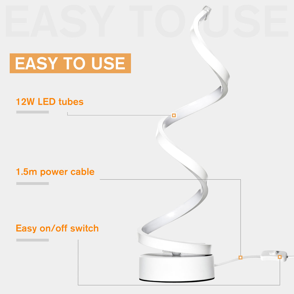 Set of 2 Modern Wave-Shaped LED Table Lamp with Round Metal Base for Living Room, Bedroom, White