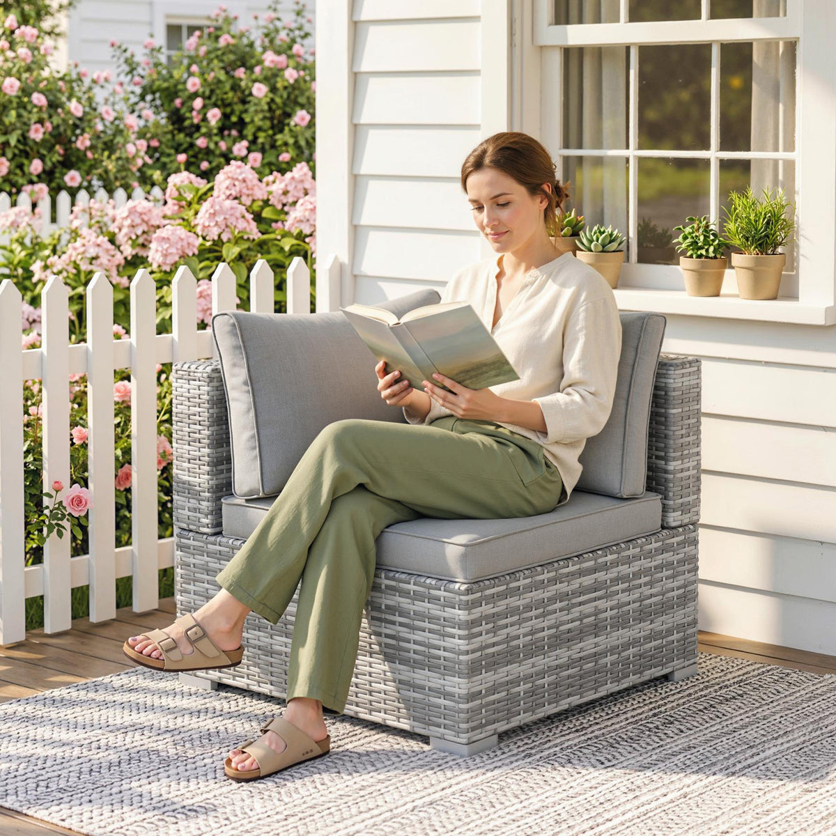 Outsunny Outdoor PE Rattan Corner Sofa, Garden Wicker Furniture Single Sofa Chair w/ Cushions, Light Grey