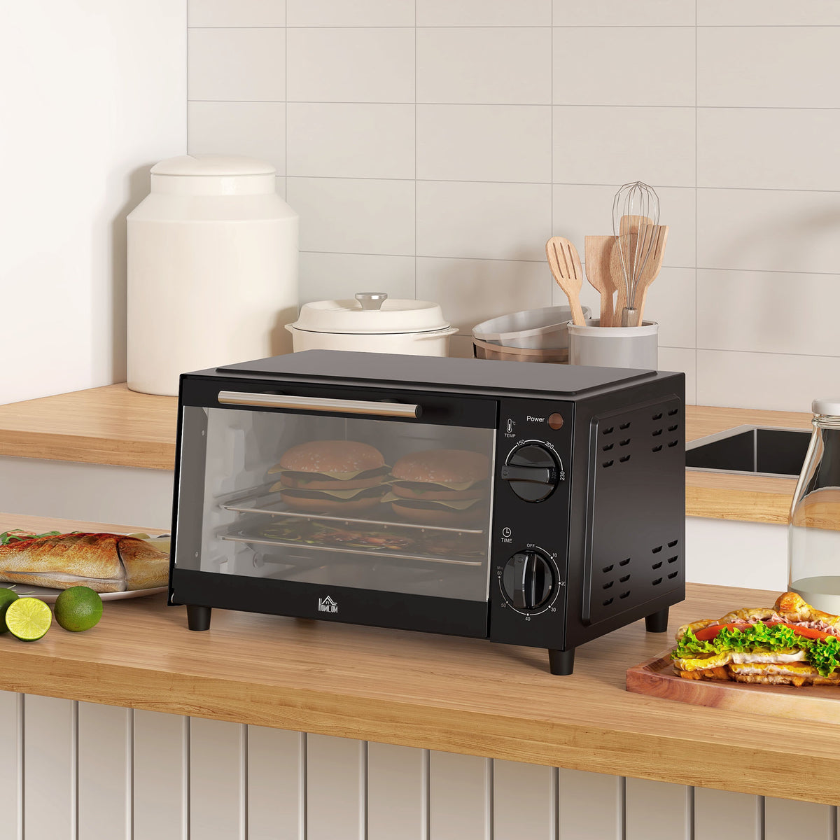 Mini Oven, 9L Countertop Electric Grill, Toaster Oven with Adjustable Temperature, Timer, Dishwasher Safe Baking Tray and Wire Rack, 750W, Black