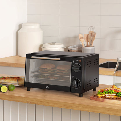 Mini Oven, 9L Countertop Electric Grill, Toaster Oven with Adjustable Temperature, Timer, Dishwasher Safe Baking Tray and Wire Rack, 750W, Black