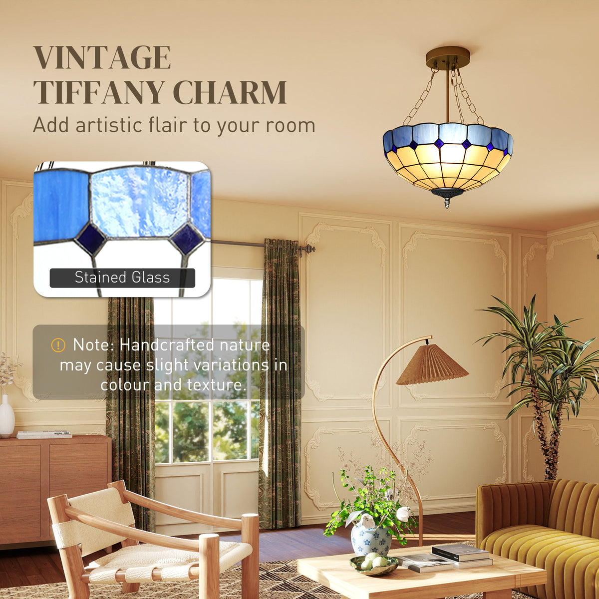 Tiffany Style Ceiling Light, Vintage Chandelier with 3 E27 Sockets, Semi Flush Mount for Living Room, Bulbs Not Included