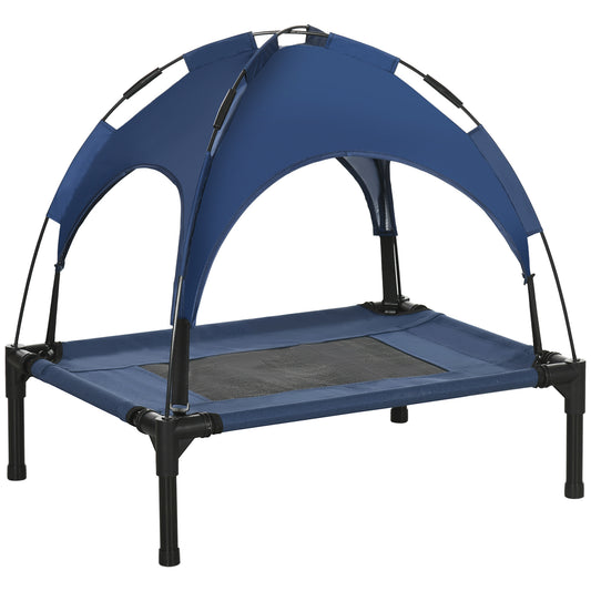 PawHut Outdoor Dog Bed with Removable Canopy, Portable Raised Dog Bed for Camping, Garden & Beach, Water-Resistant UV-Protection Mesh Pet Cot Sun Lounger, for Small Pets, 61 x 46 x 62 cm, Dark Blue