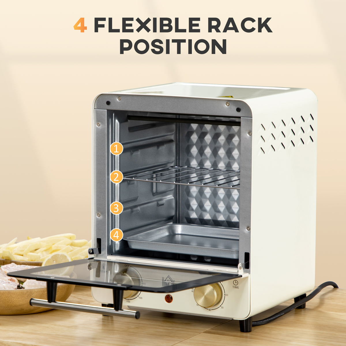 Mini Oven, 15 Litres Electric Oven and Grill with 60-230? Adjustable Temperature, 60 Minute Timer, Include Baking Tray, Wire Rack and Crumb Tray, 1000W, Cream White